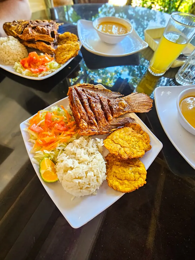 Almuerzo con mojarra frita, patacones, arroz y ensalada